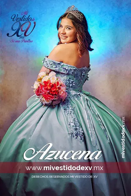 bella modelo con vestido de xv años con flores en color lila