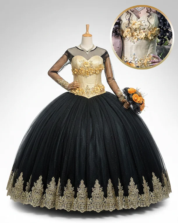 quinceañera con vestido dorado negro renta de vestidos
